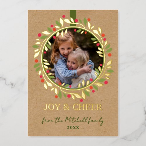 Custom Red Berries Green Leaves Wreath Gold Foil Holiday Card