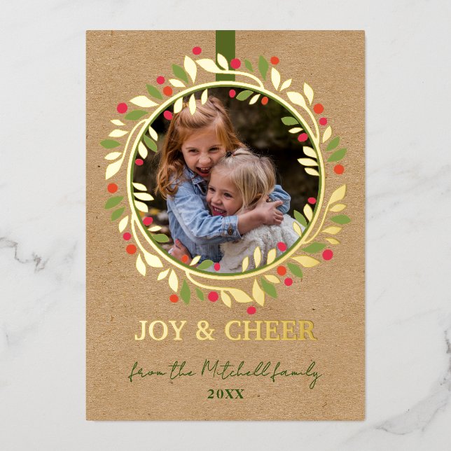 Custom Red Berries Green Leaves Wreath Gold Foil Holiday Card (Front)
