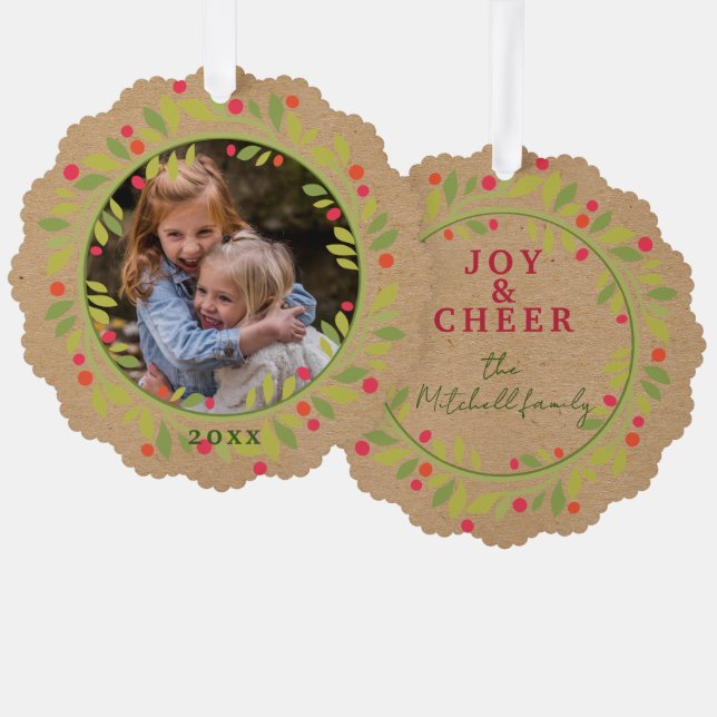 Custom Red Berries Green Leaves Wreath Ornament Card (Front/Back)