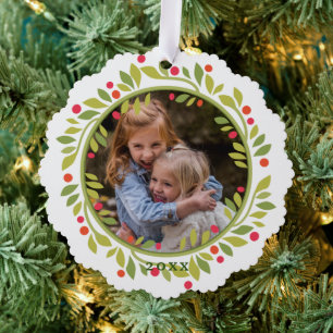 Custom Red Berries Green Leaves Wreath Ornament Card