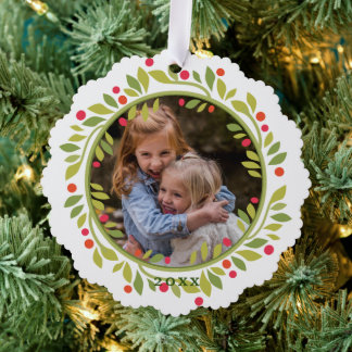 Custom Red Berries Green Leaves Wreath Ornament Card