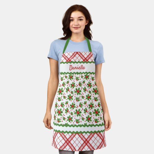 Custom Red Berries Holly Green White Cottage Plaid Apron