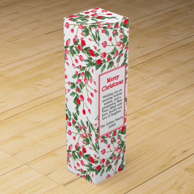 Custom Red Berries Merry Christmas Wine Box (Front)
