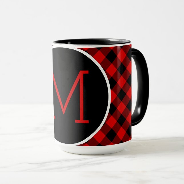Custom Red Black Buffalo Check Plaid Pattern Mug (Front Right)