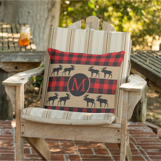 Custom Red Black Buffalo Check Plaid Pattern Outdoor Pillow (Chair)