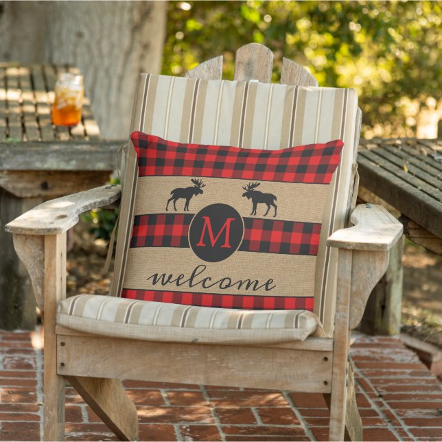 Custom Red Black Buffalo Check Plaid Pattern Outdoor Pillow (Chair)