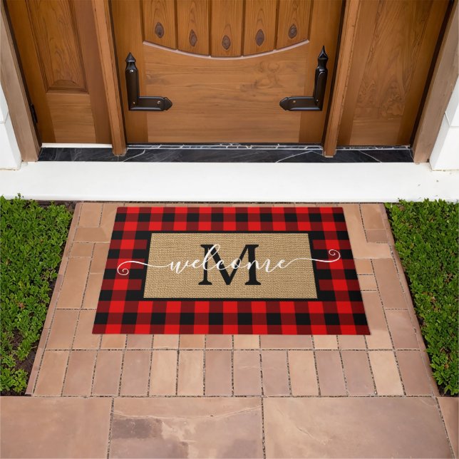 Custom Red Black Buffalo Check Tartan Pattern Doormat (Outdoor)