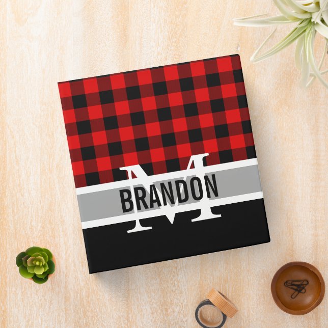 Custom Red Black Buffalo Lumberjack Pattern 3 Ring Binder (In Situ)