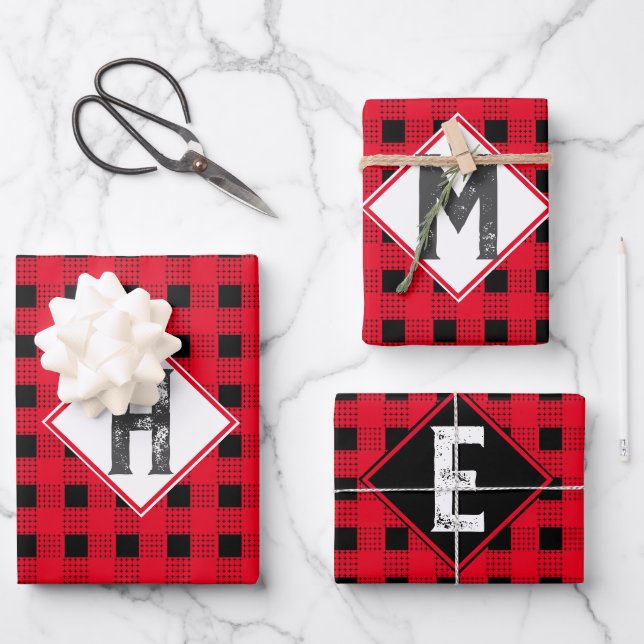 Custom red & black buffalo plaid Monogram initial Wrapping Paper Sheets (Front)