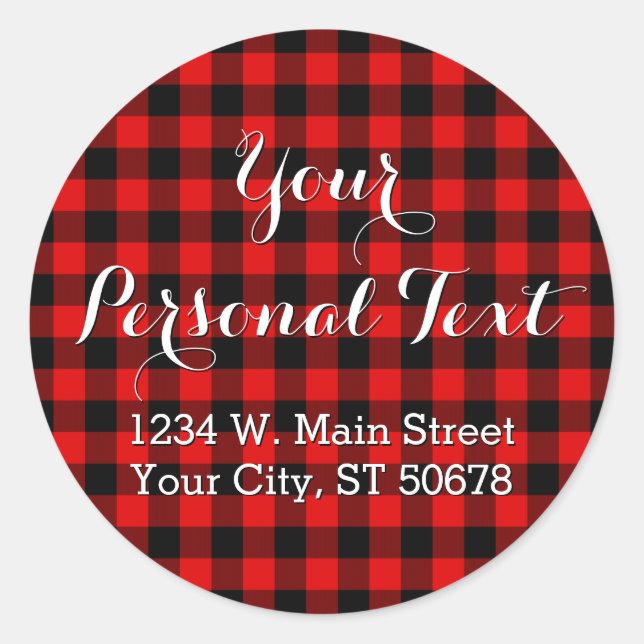Custom Red Black Country Check Plaid Pattern Classic Round Sticker (Front)