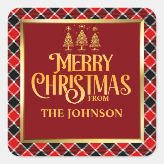 CUSTOM Red Black Plaid Gold Merry Christmas Square Sticker
