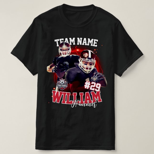 Custom Red Black Two Photo Football Player T-Shirt (Design Front)