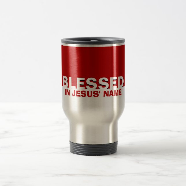 Custom Red BLESSED In Jesus' Name Christian Travel Mug (Center)