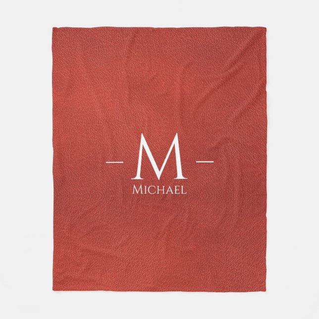 Custom Red Brown Leather Look Monogram Name Fleece Blanket (Front)
