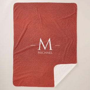 Custom Red Brown Leather Look Monogram Name Large Sherpa Blanket