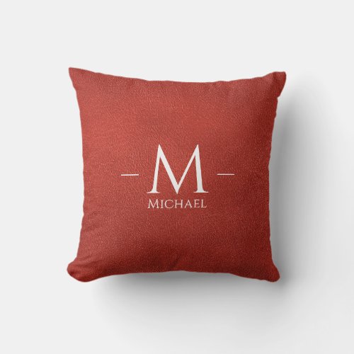 Custom Red Brown Leather Look Monogram Template Throw Pillow