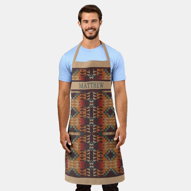 Custom Red Brown Teal Blue Orange Tribal Pattern Apron (Worn)