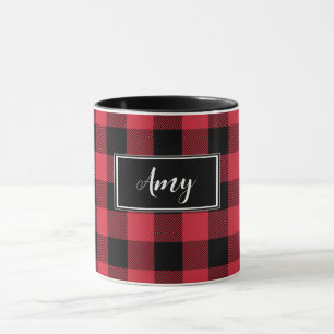 Custom Red Buffalo Check Plaid Name Centered Mug