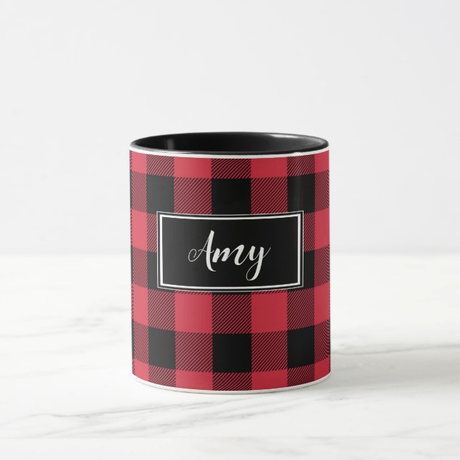 Custom Red Buffalo Check Plaid Name Centered Mug (Center)