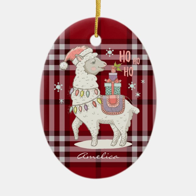 Custom Red Buffalo Check Plaid Tartan Llama Alpaca Ceramic Ornament (Front)
