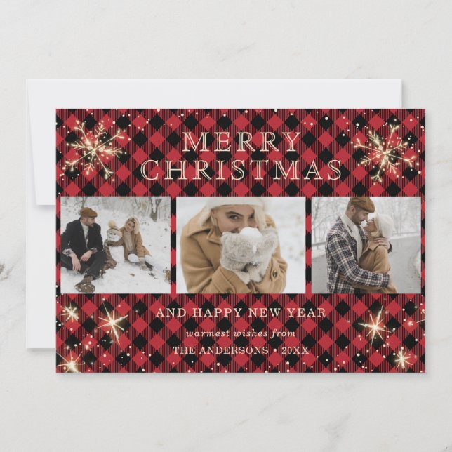 Custom Red Buffalo Plaid 3 Photo Holiday Card (Front)