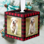 Custom Red Buffalo Plaid Dog Puppy 3 Pet Photo Cube Ornament<br><div class="desc">Decorate your tree or send a special gift with this super cute personalized custom pet photo holiday ornament. This pet christmas ornament features rustic red buffalo plaid flannel, 4 of your favorite photos, and name and year on top. Add your dog's photo and personalize with name and year. Ornament is...</div>