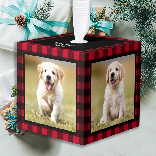 Custom Red Buffalo Plaid Dog Puppy 3 Pet Photo Cube Ornament