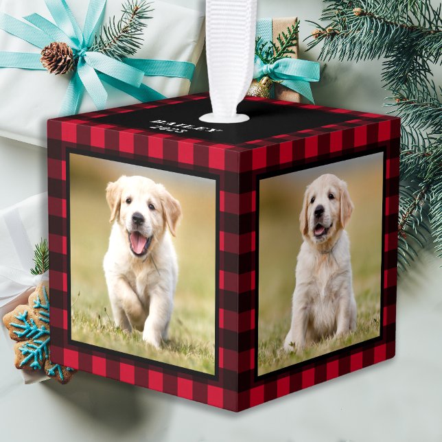 Custom Red Buffalo Plaid Dog Puppy 3 Pet Photo Cube Ornament (Creator Uploaded)