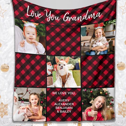 Custom Red Buffalo Plaid Family Holiday 5 Photo Fleece Blanket