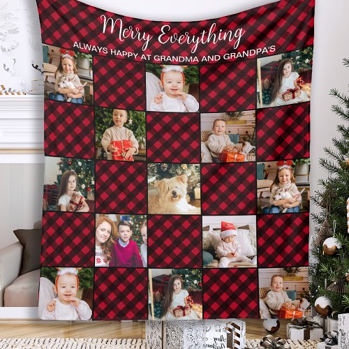 Custom Red Buffalo Plaid Holiday Photo Collage Fleece Blanket