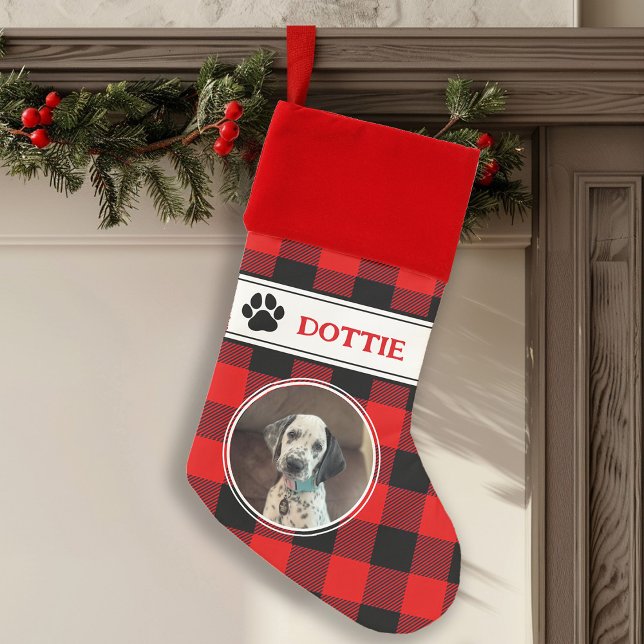 Custom Red Buffalo Plaid Photo Dog Christmas Stocking (Red Buffalo Plaid Pet Photo Christmas Stocking)