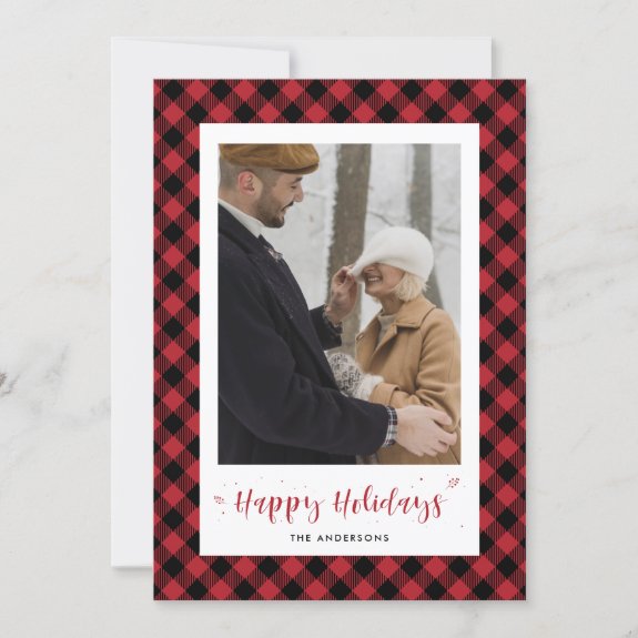 Custom Red Buffalo Plaid Photo Holiday Card