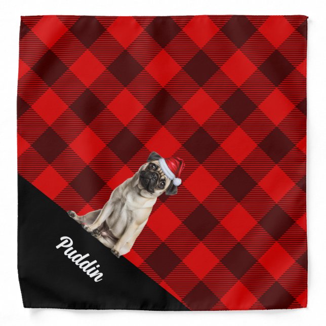 Custom Red Buffalo Plaid Pug Dog Santa Christmas Bandana (Front)