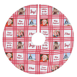 Custom Red Candy Cane Plaid Family Photo Collage Brushed Polyester Tree Skirt