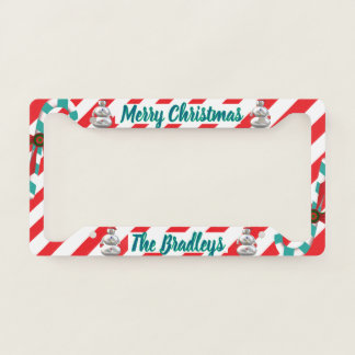 Custom Red Candy Cane Snow Man Merry Christmas License Plate Frame