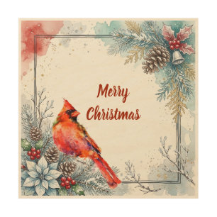 Custom Red Cardinal Bird Pointsettia Winter Berry Wood Wall Art