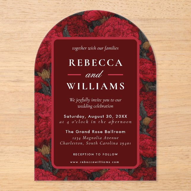 Custom Red Carnation Floral Barn Wedding Acrylic Invitations (Front)