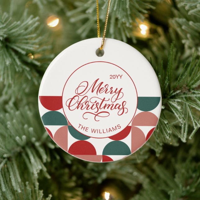Custom Red Christmas Geometric Pattern Photo Ceramic Ornament (Tree)