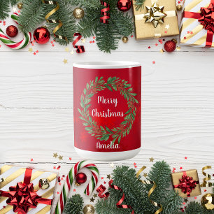 Custom Red Christmas Greenery Wreath Coffee Mug