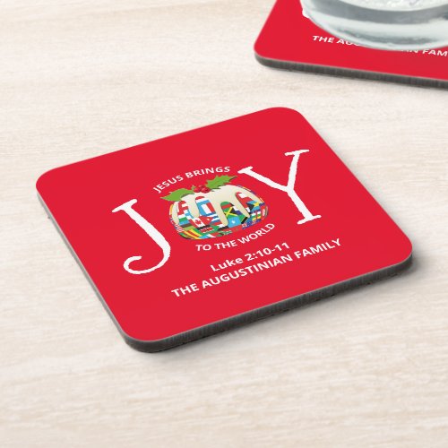 Custom Red Christmas JOY TO THE WORLD Christian Beverage Coaster
