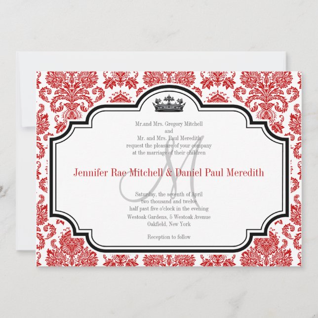 Custom Red Damask Black White Wedding Invitations (Front)
