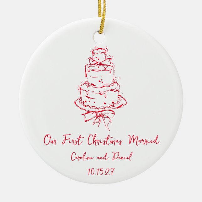 Custom Red Doodle Cake First Christmas Married Ceramic Ornament (Front)