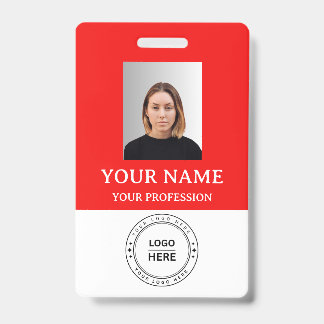 Custom red Employee Badge with Photo, Logo, QR