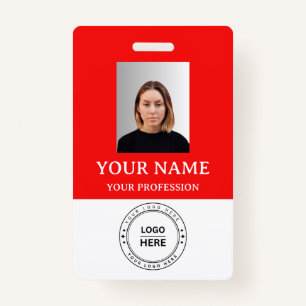 Custom red Employee Badge with Photo, Logo, QR