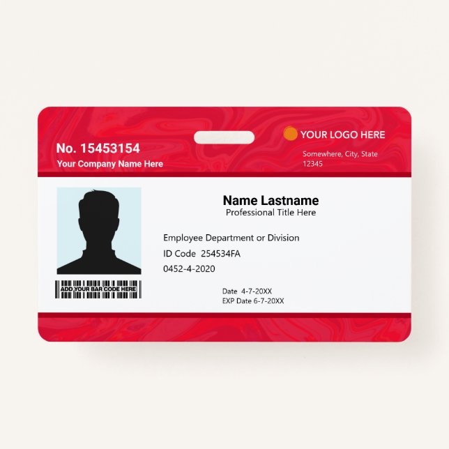 Custom Red Employee ID Identification Photo Bar Badge (Front)