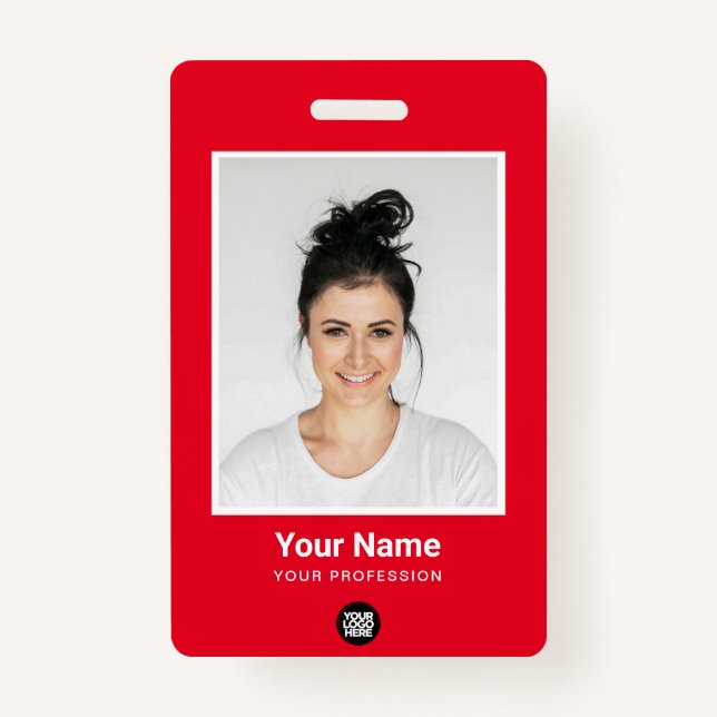 Custom Red Employee Large Photo, BarCode, Name Badge (Front)