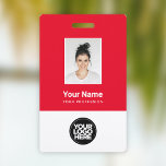 Custom Red Employee Photo, Bar Code, Logo, Name Badge<br><div class="desc">Easily personalize this Custom Red Employee Name Badge with Photo, Scan Bar Code and business logo. A simple business design in navy blue and white colors fully customizable in front and back sizes, sans-serif basic and modern fonts and a professional and clear look. Avaiable with lanyard, metal clip or with...</div>