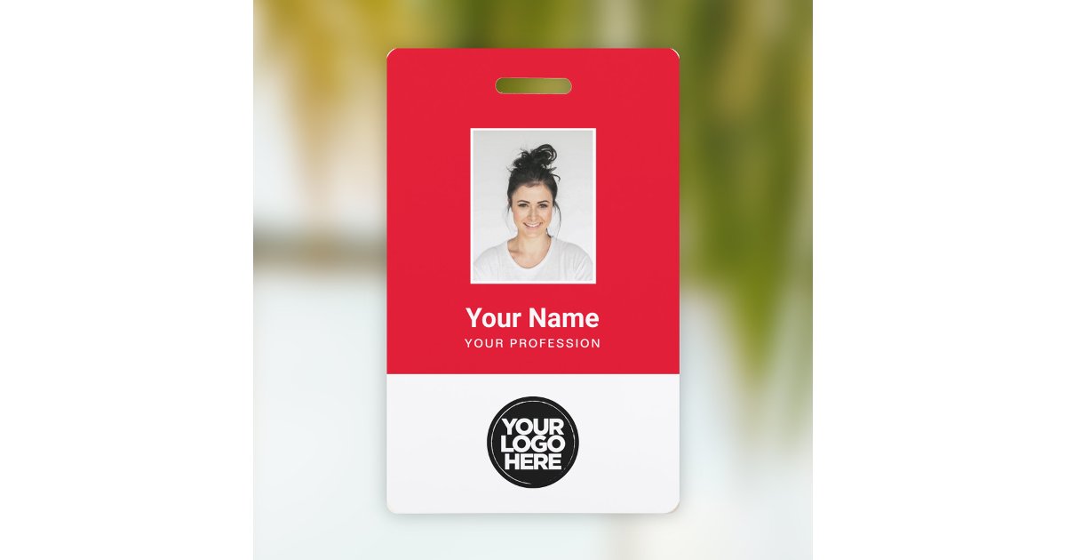 Custom Red Employee Photo, Bar Code, Logo, Name Badge | Zazzle