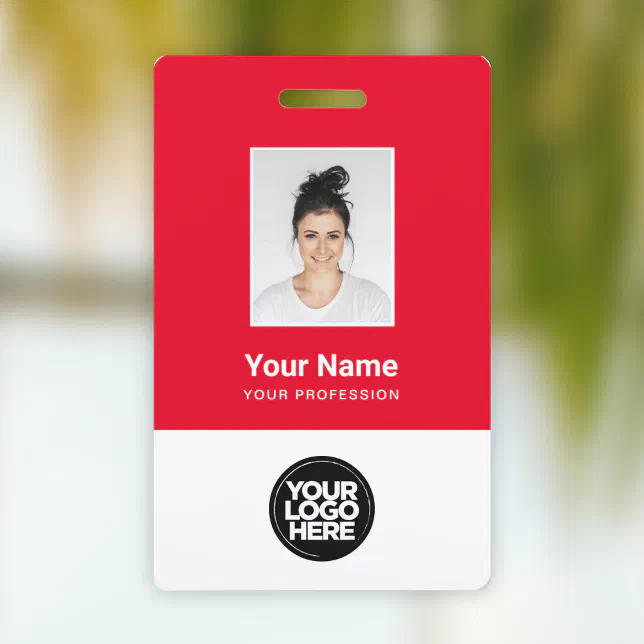 Custom Red Employee Photo, Bar Code, Logo, Name Badge | Zazzle