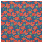 Custom Red Field Poppies Deep Blue Floral Fabric